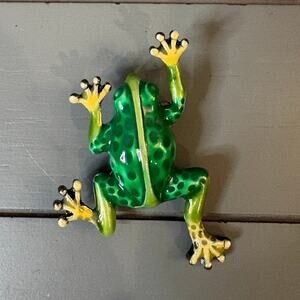 Vintage Enamel Frog Brooch Green Yellow Frog Pin Whimsical